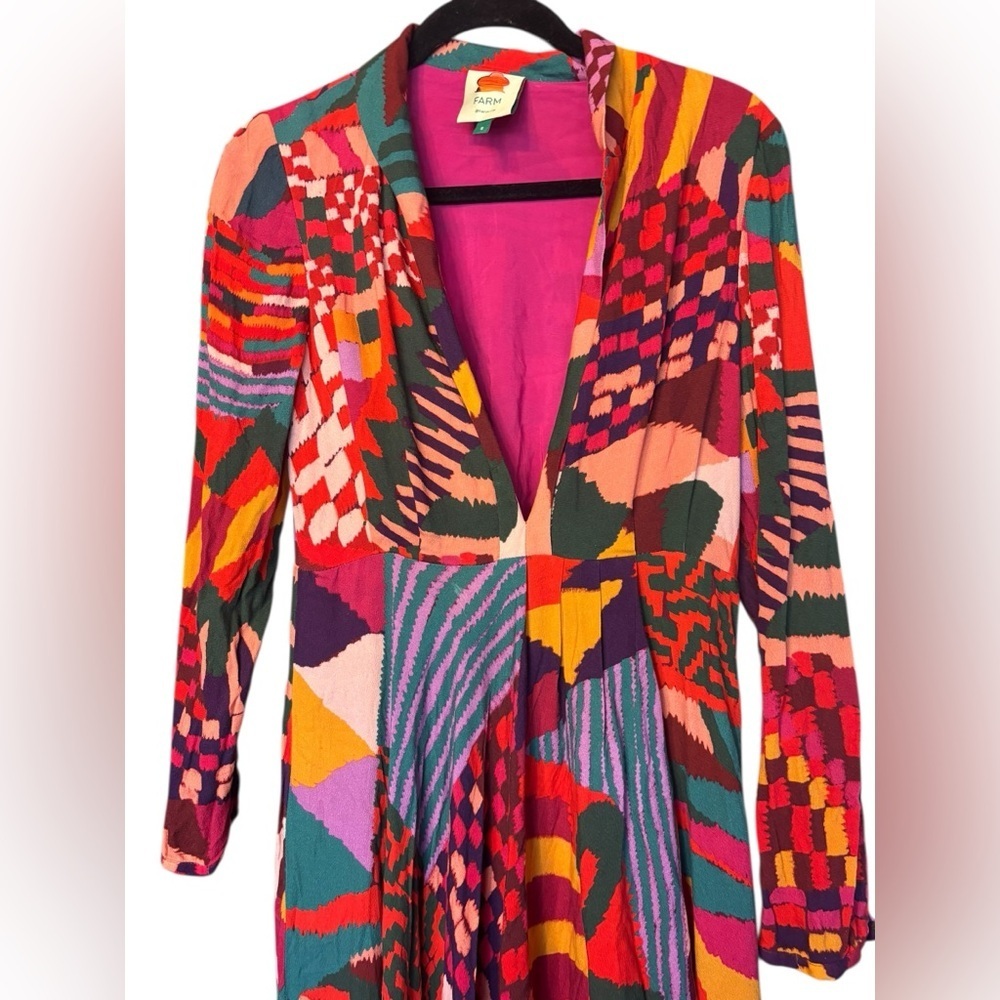 Farm Rio Red Abstract Patches Maxi Dress V Neck Collar Long Sleeve Size Small - Picture 3 of 7